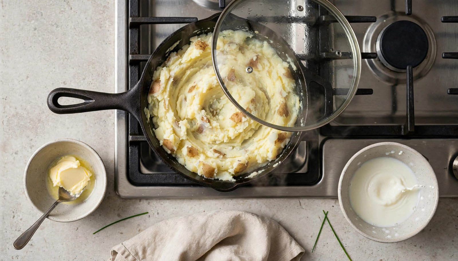 Covered skillet reheating mashed potatoes with butter and milk nearby.