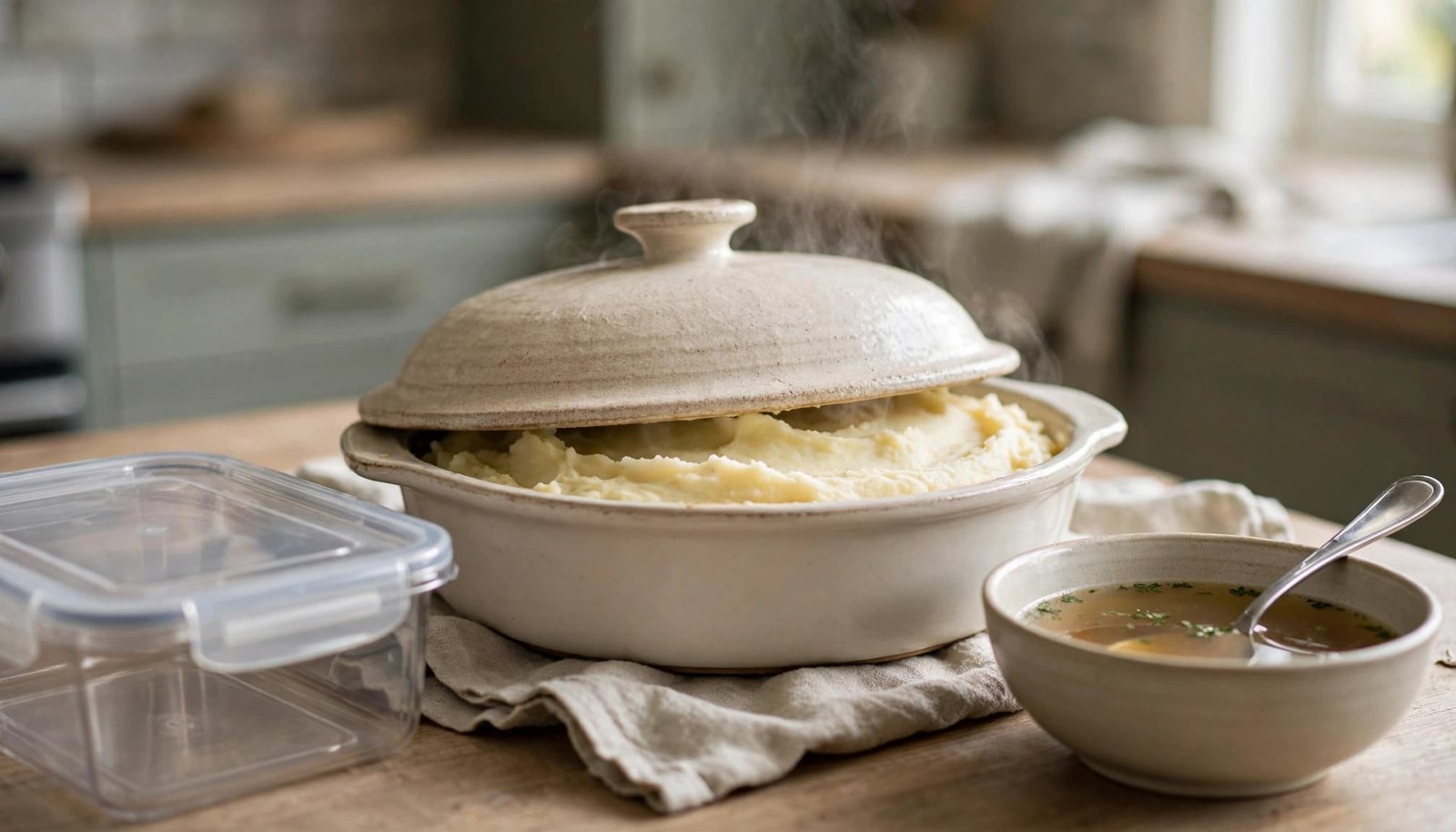 Covered mashed potatoes beside broth, a serving spoon, and a storage container.