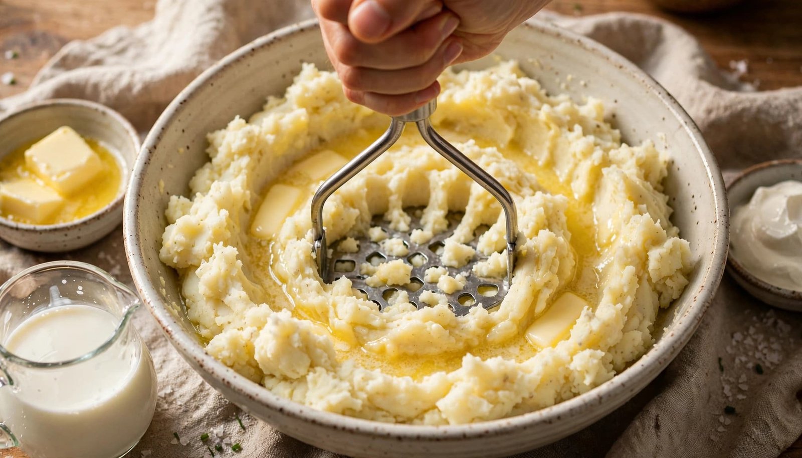 One hand gently mashes buttery potatoes in a large bowl.