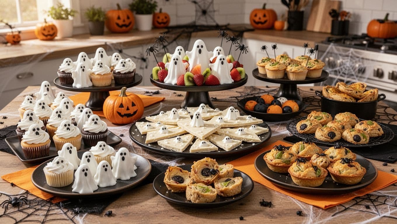 Ghost-themed Halloween treats arranged on dark platters in a warmly lit kitchen.