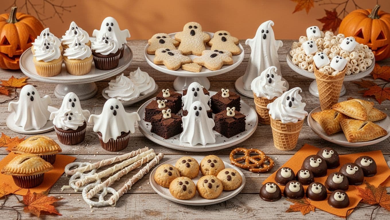 Ghost-themed cupcakes, cookies, candies, and other treats fill a rustic table.