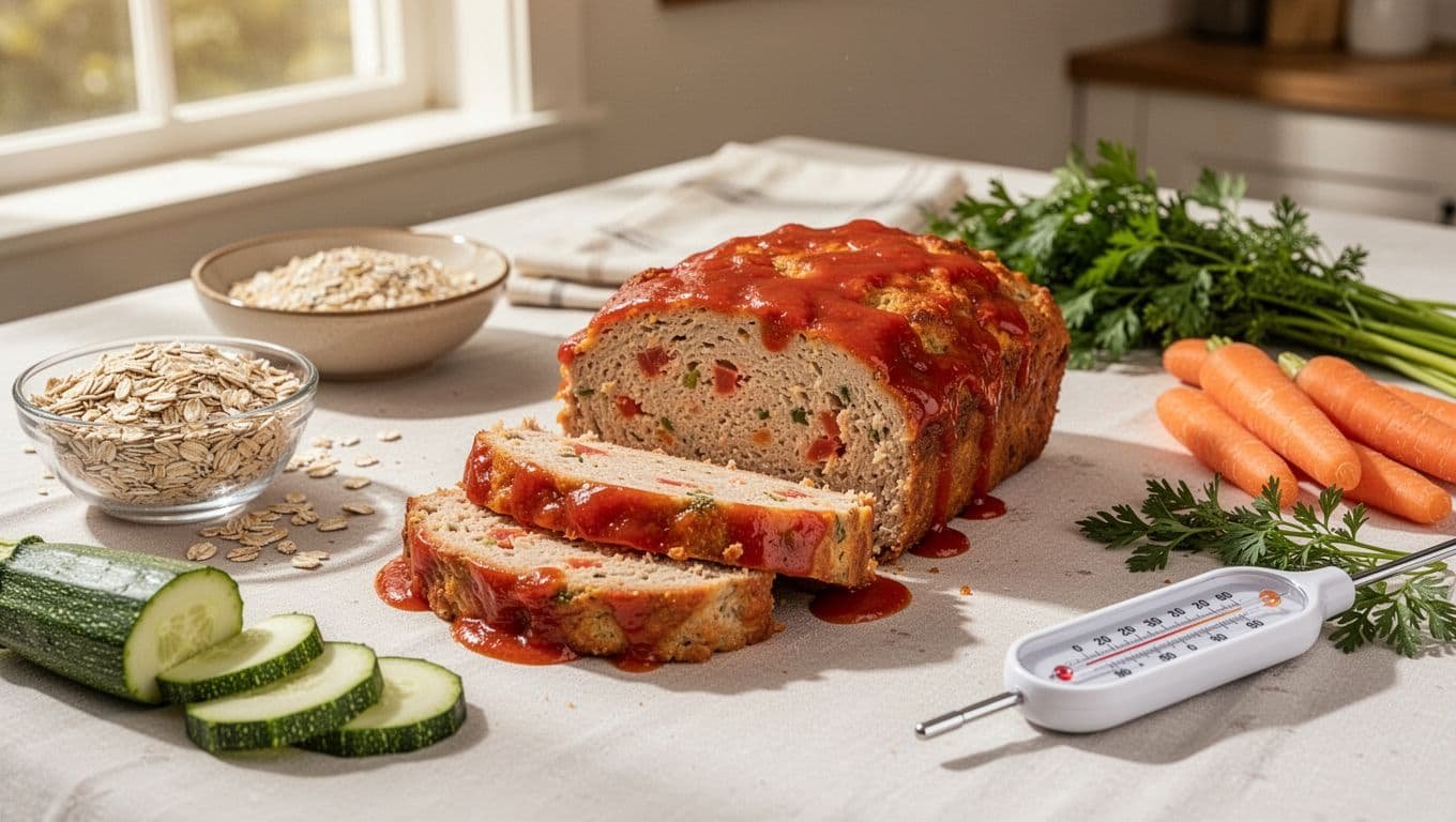 Sliced glazed chicken meatloaf surrounded by vegetables and herbs on a kitchen table.
