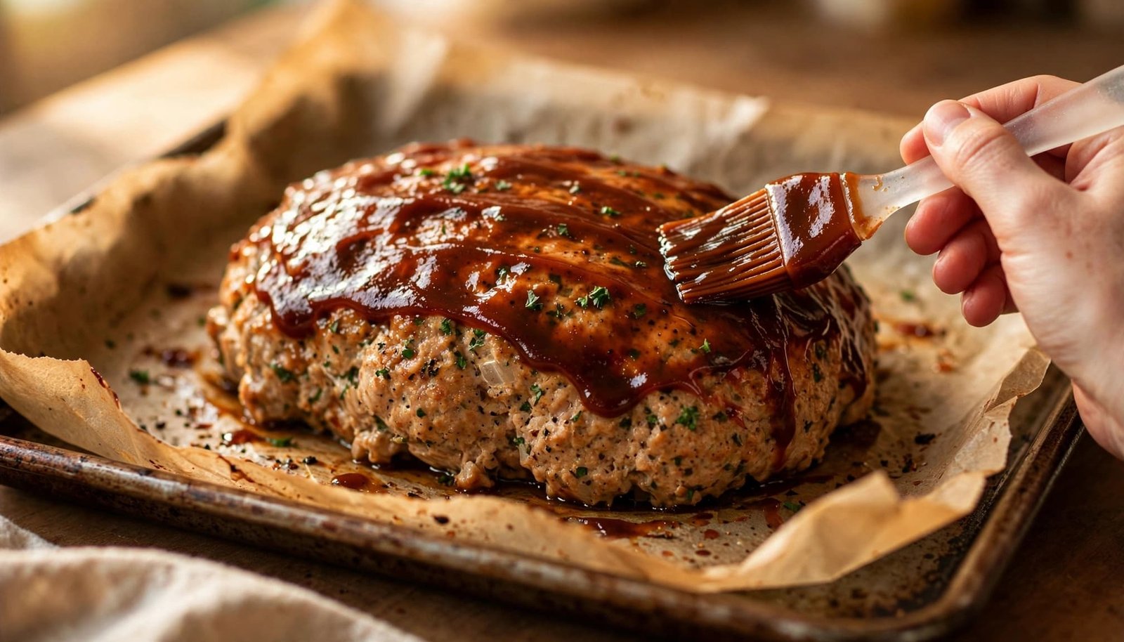 A hand brushes barbecue glaze onto a chicken meatloaf on a baking sheet.