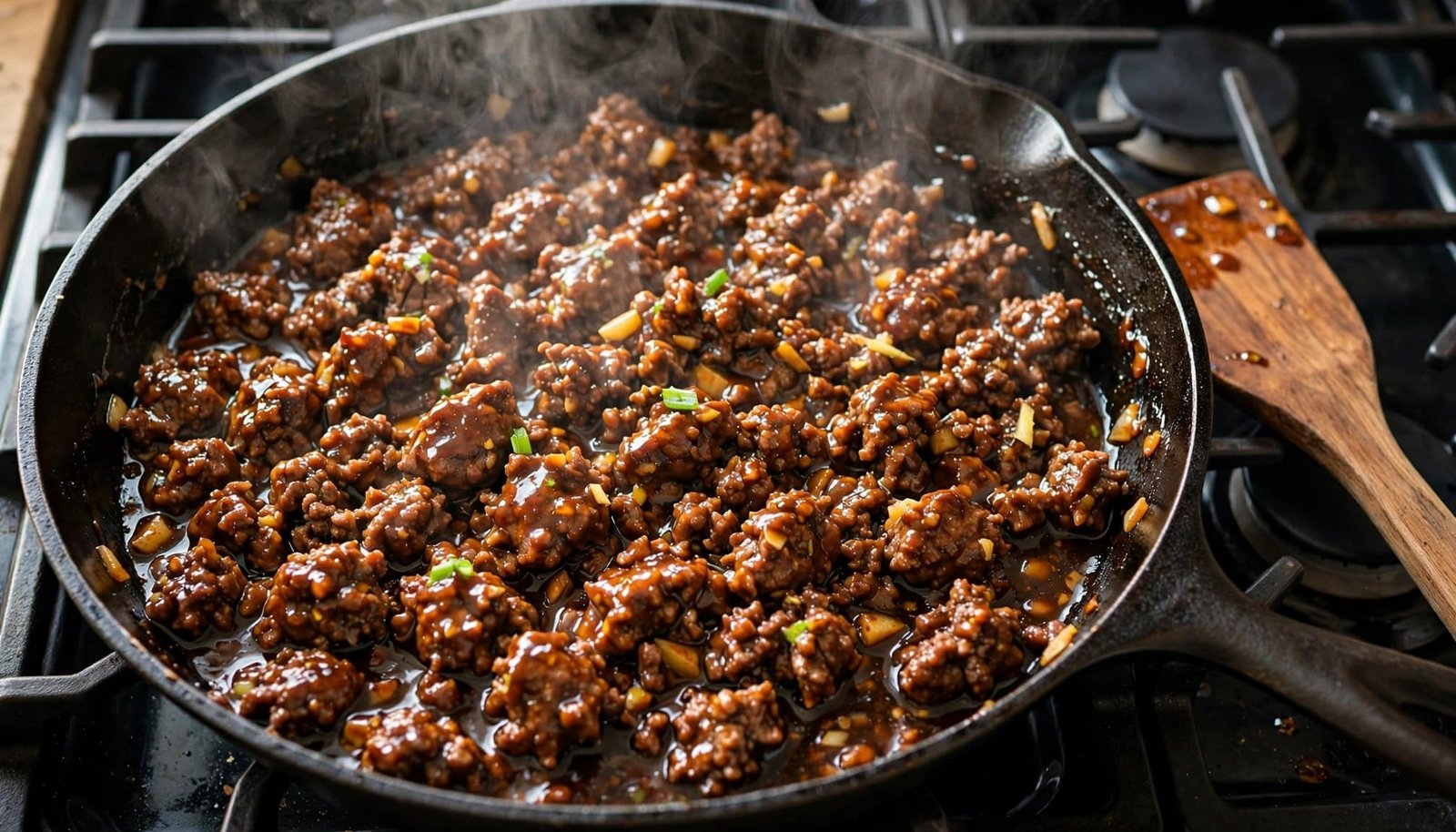 Browned ground beef simmers in glossy sauce in a skillet with a wooden spatula nearby.