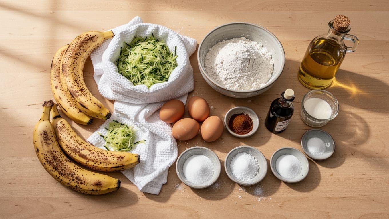 Ingredients for gluten-free banana zucchini bread arranged on a kitchen counter.