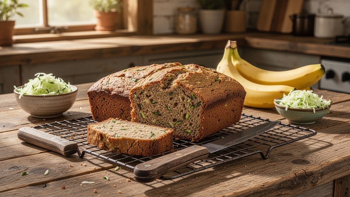 Sliced banana zucchini bread on a rack with bananas and grated zucchini nearby.