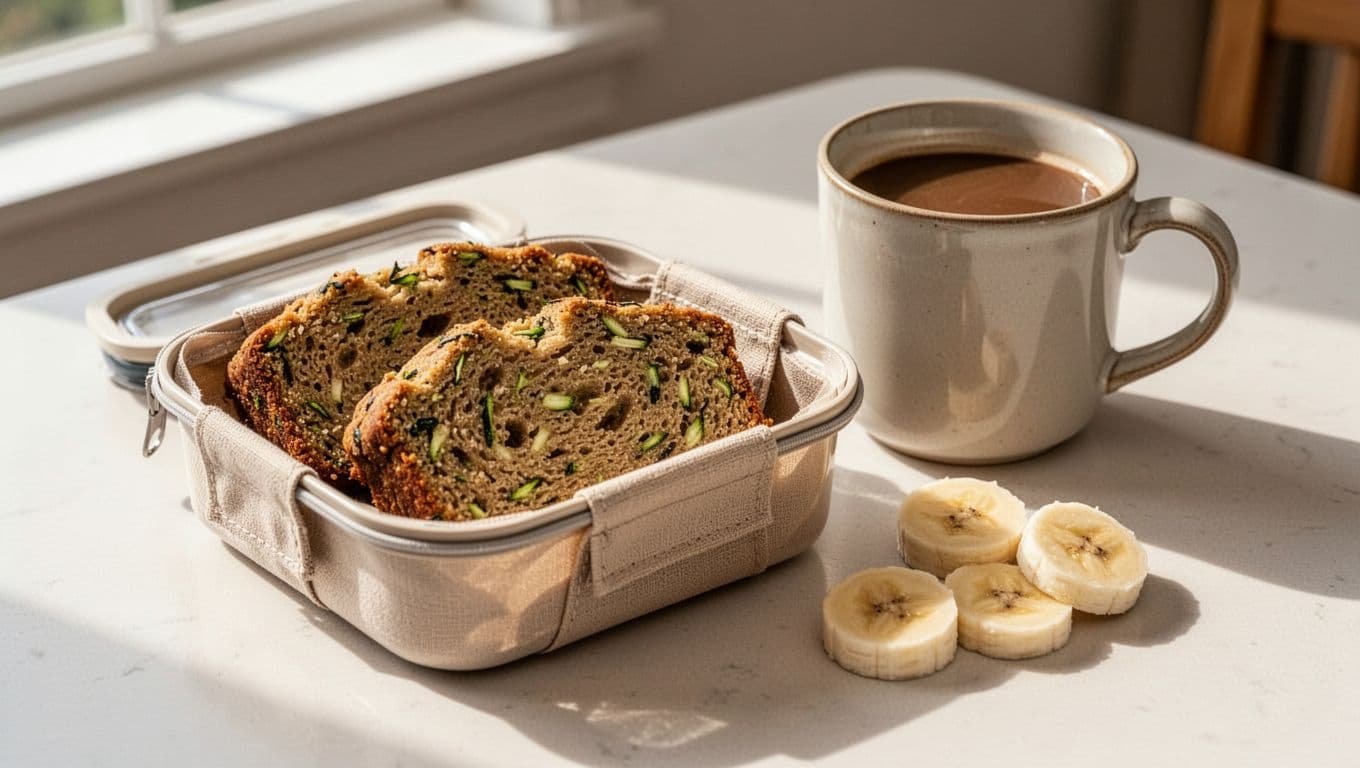 Sliced banana zucchini bread in a lunch container beside coffee and banana slices.