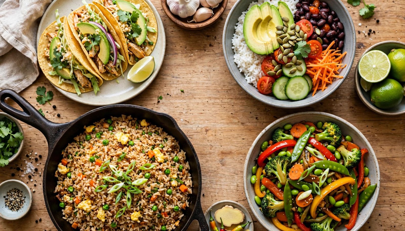 Four gluten-free dinners arranged separately on a bright kitchen table.