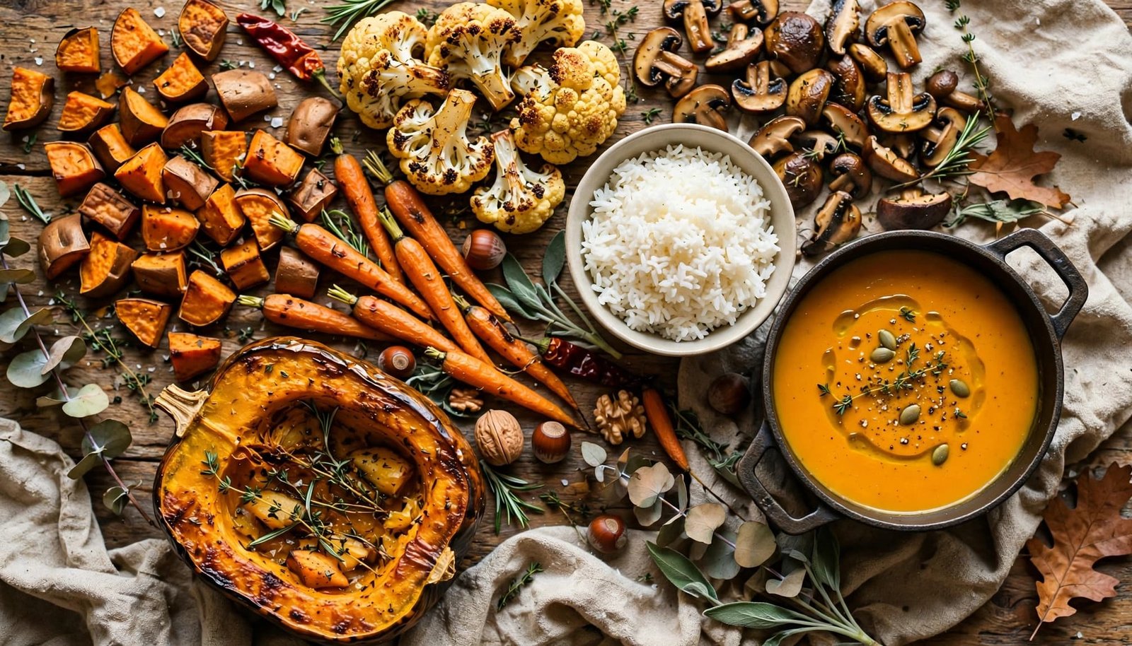 A rustic table filled with roasted vegetables, rice, and a small pot of soup.