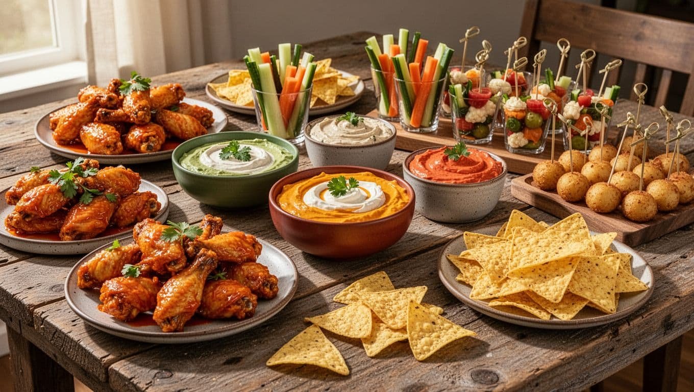 A table filled with wings, dips, potato bites, vegetables, skewers, and tortilla chips.