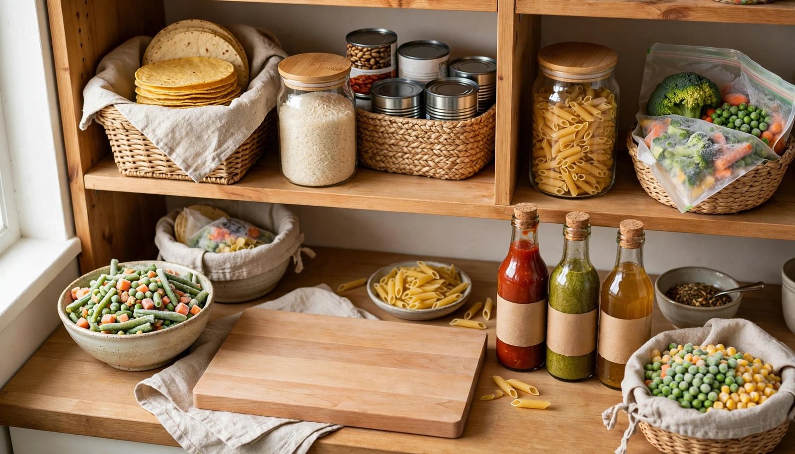 Organized gluten-free ingredients sit beside a cutting board in a bright kitchen.