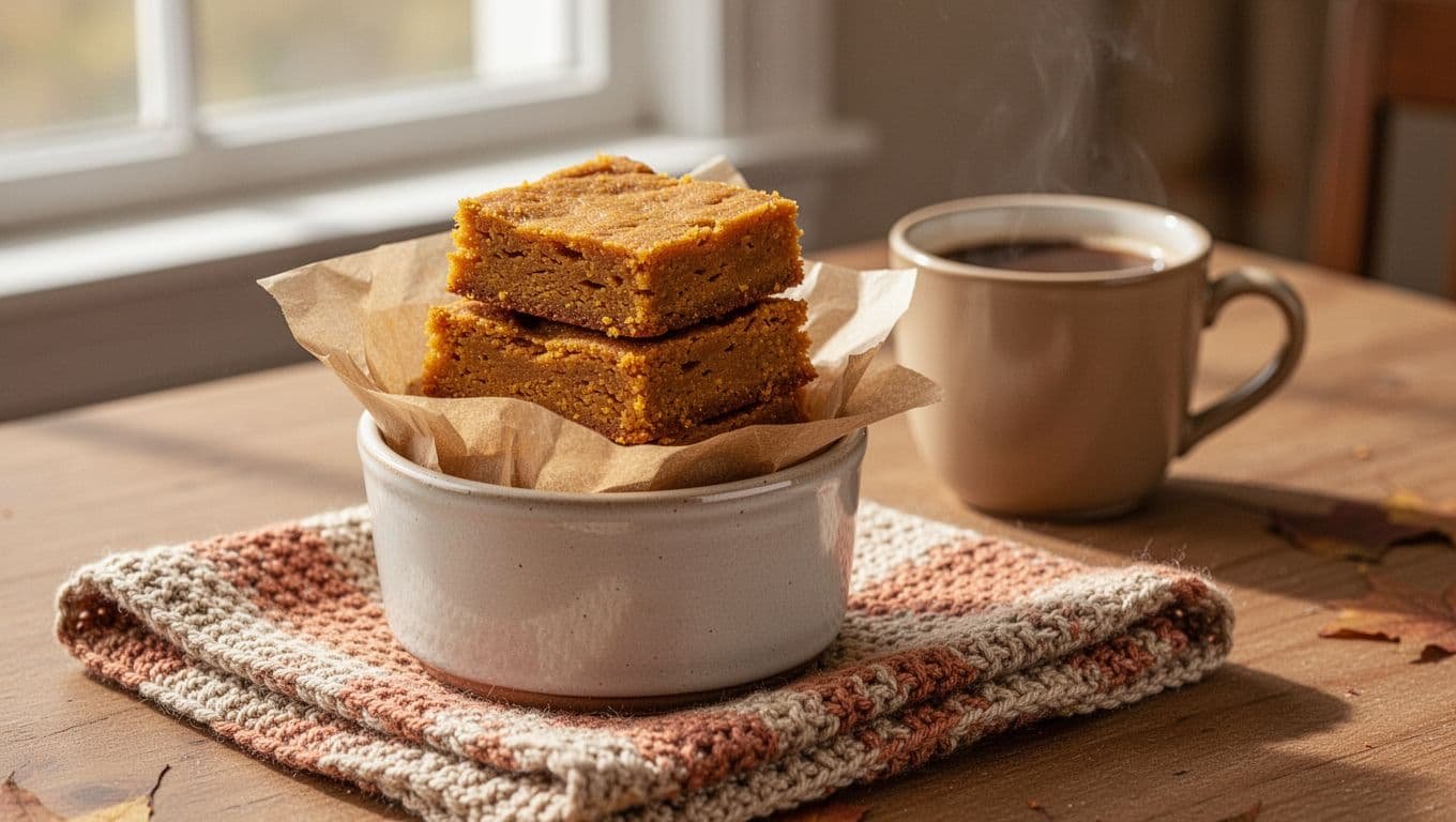 Pumpkin bars layered in a ceramic container beside a coffee cup and knitted napkin.