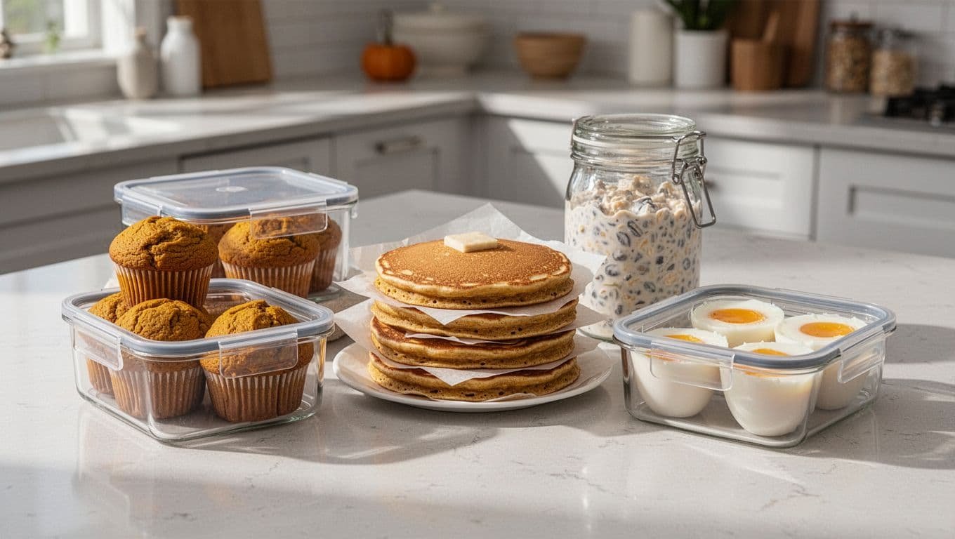 Containers hold pumpkin muffins, pancakes, overnight oats, and egg cups on a kitchen counter.