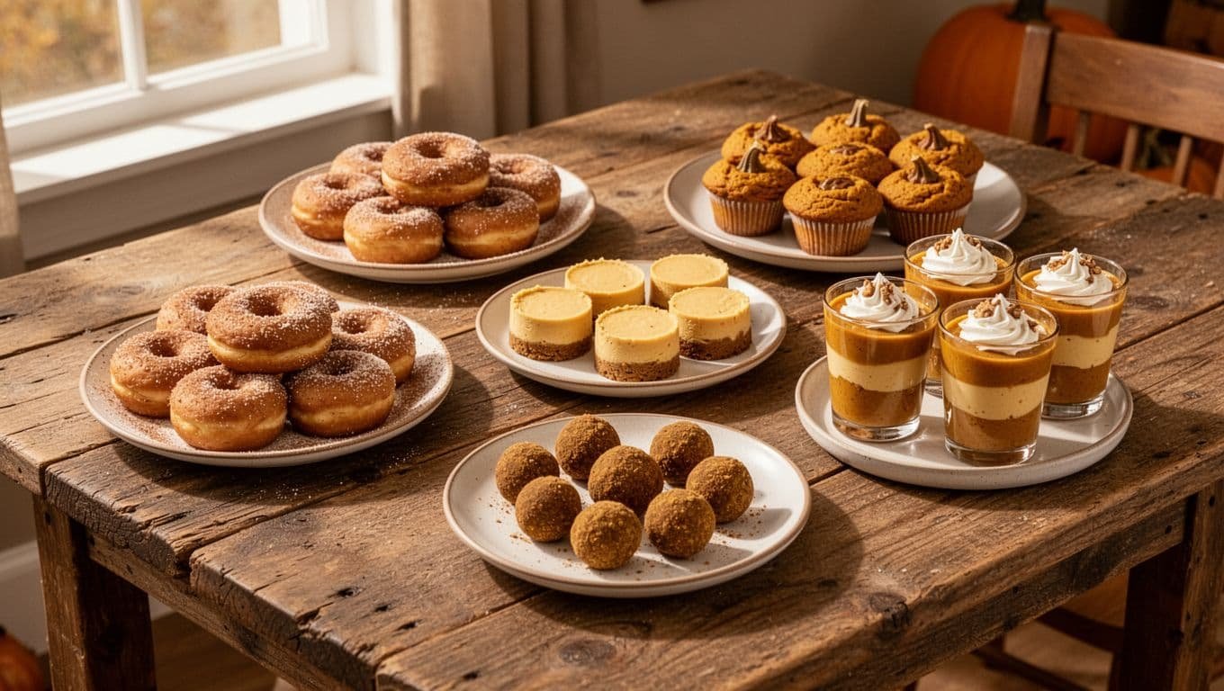 Five gluten-free pumpkin desserts arranged on a rustic table in warm autumn light.