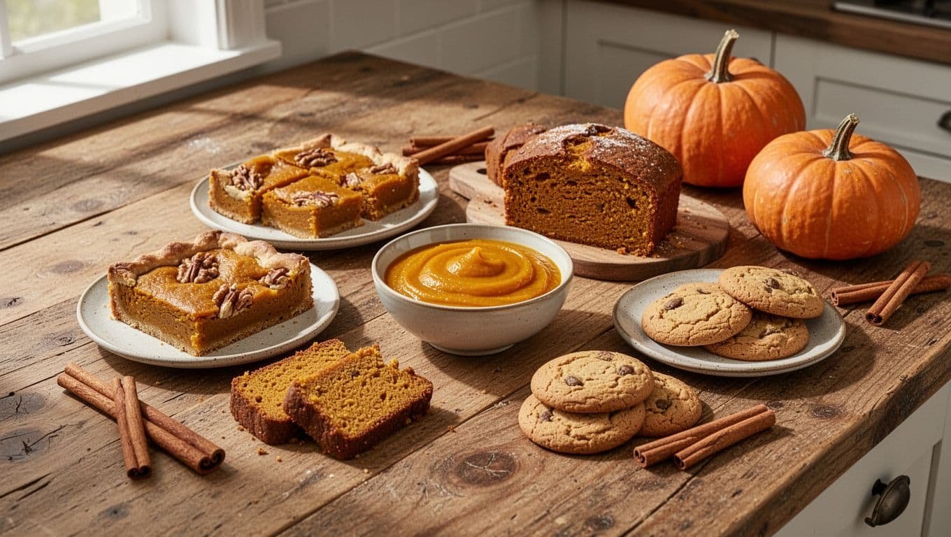 Pumpkin desserts and puree arranged on a rustic kitchen counter.