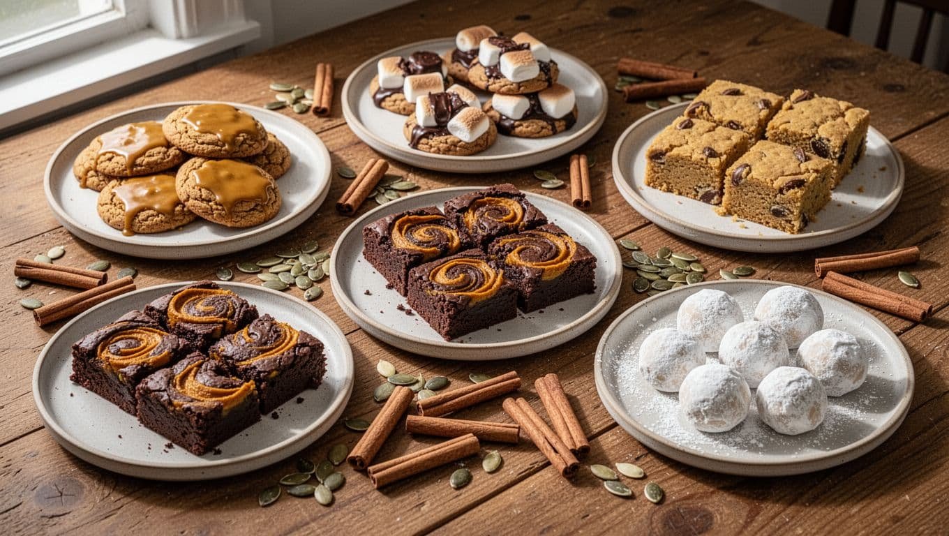 Five pumpkin desserts sit on ceramic plates with seeds and cinnamon sticks.