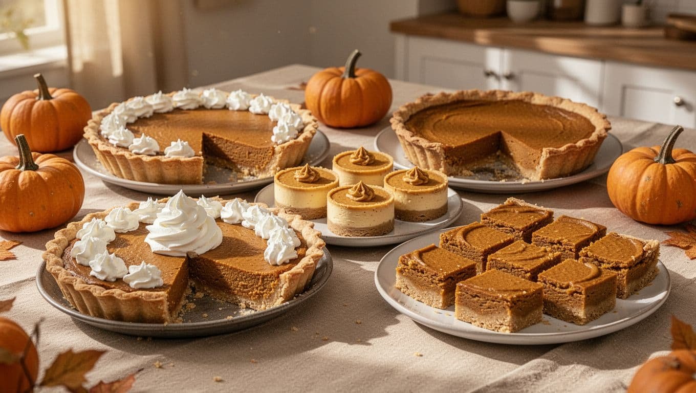 Four gluten-free pumpkin desserts arranged on a warmly lit autumn table.