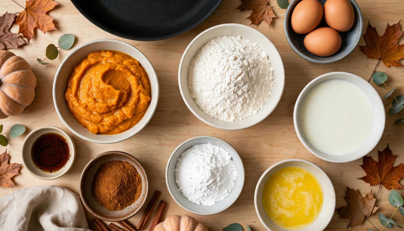 Ingredients for gluten-free pumpkin pancakes arranged on a bright kitchen counter.