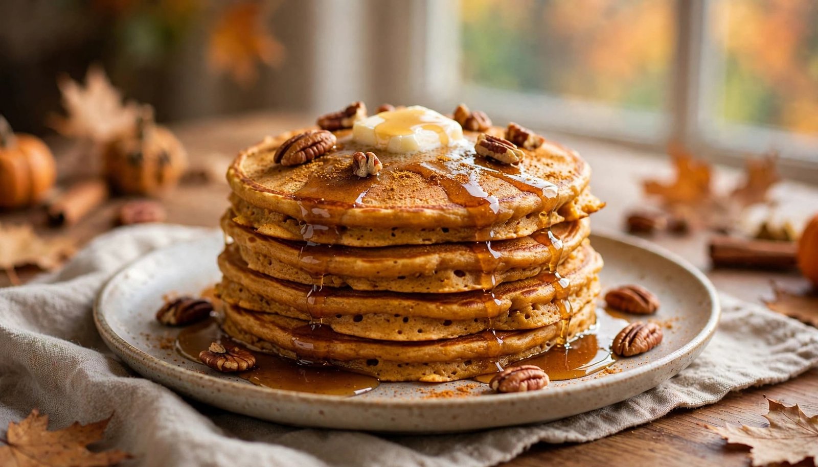 A stack of pumpkin pancakes with butter, syrup, and pecans by a sunny window.