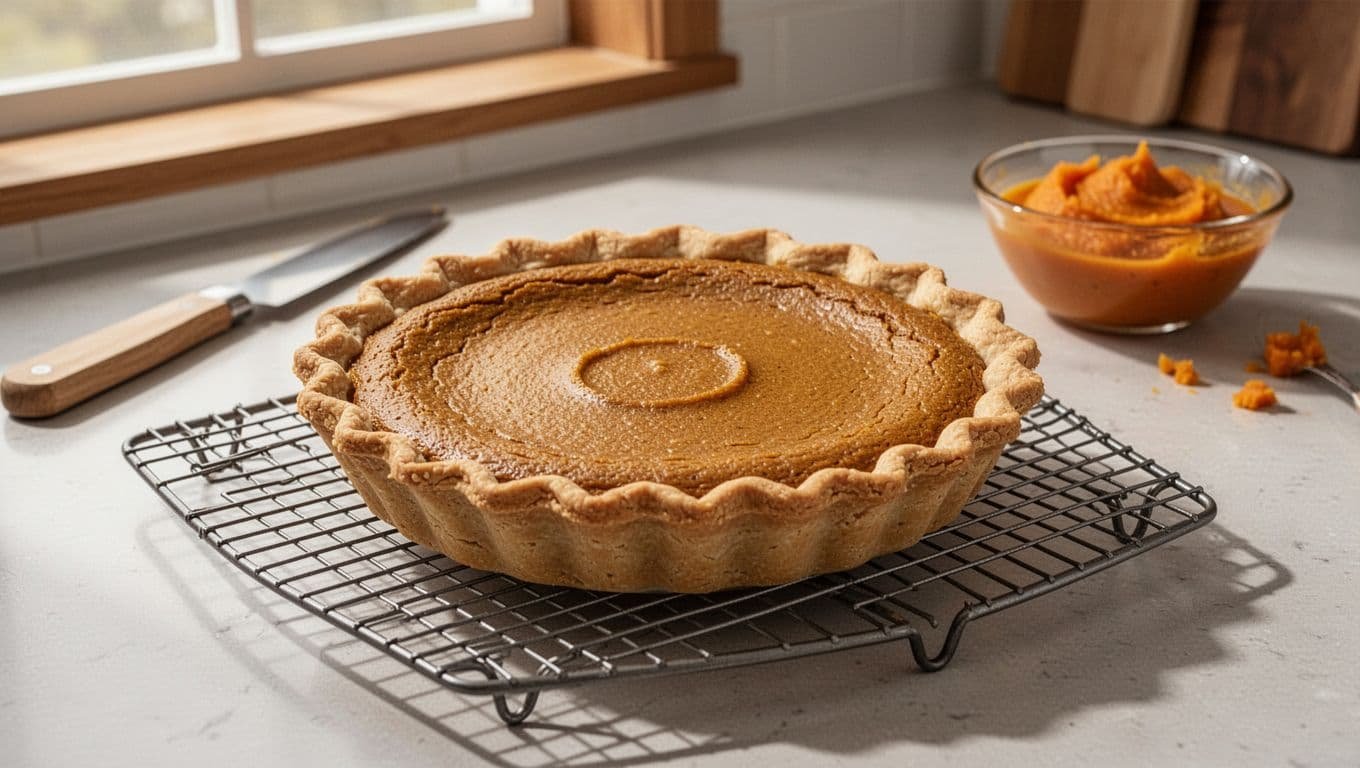 Gluten-free pumpkin pie cooling on a rack beside pumpkin puree and baking tools.