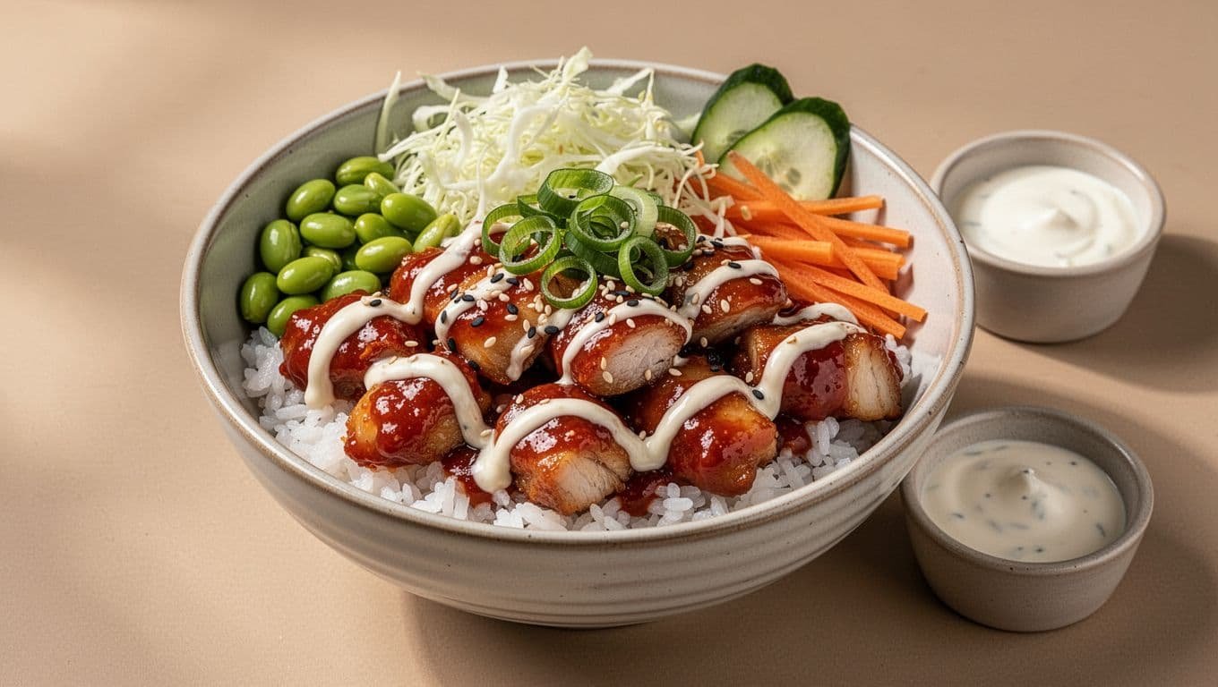 A Korean-inspired chicken bowl with rice, vegetables, sesame sauce, and small dipping containers.