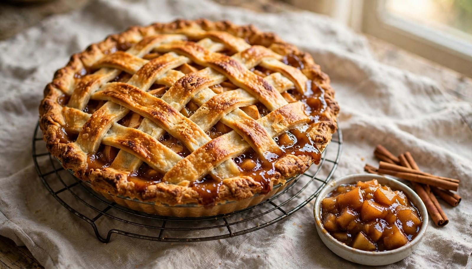 Golden lattice apple pie cooling beside spiced filling and cinnamon sticks.