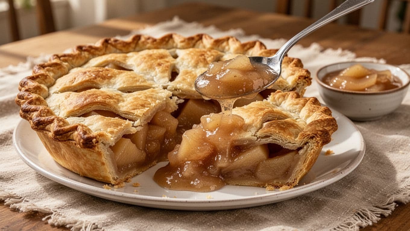 Golden apple pie with a cut slice and bowl of cooked apple filling on linen.