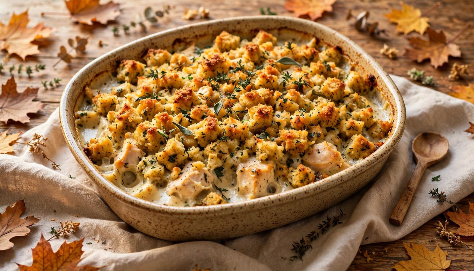 Golden chicken casserole with herb stuffing and a spoon on an autumn table.