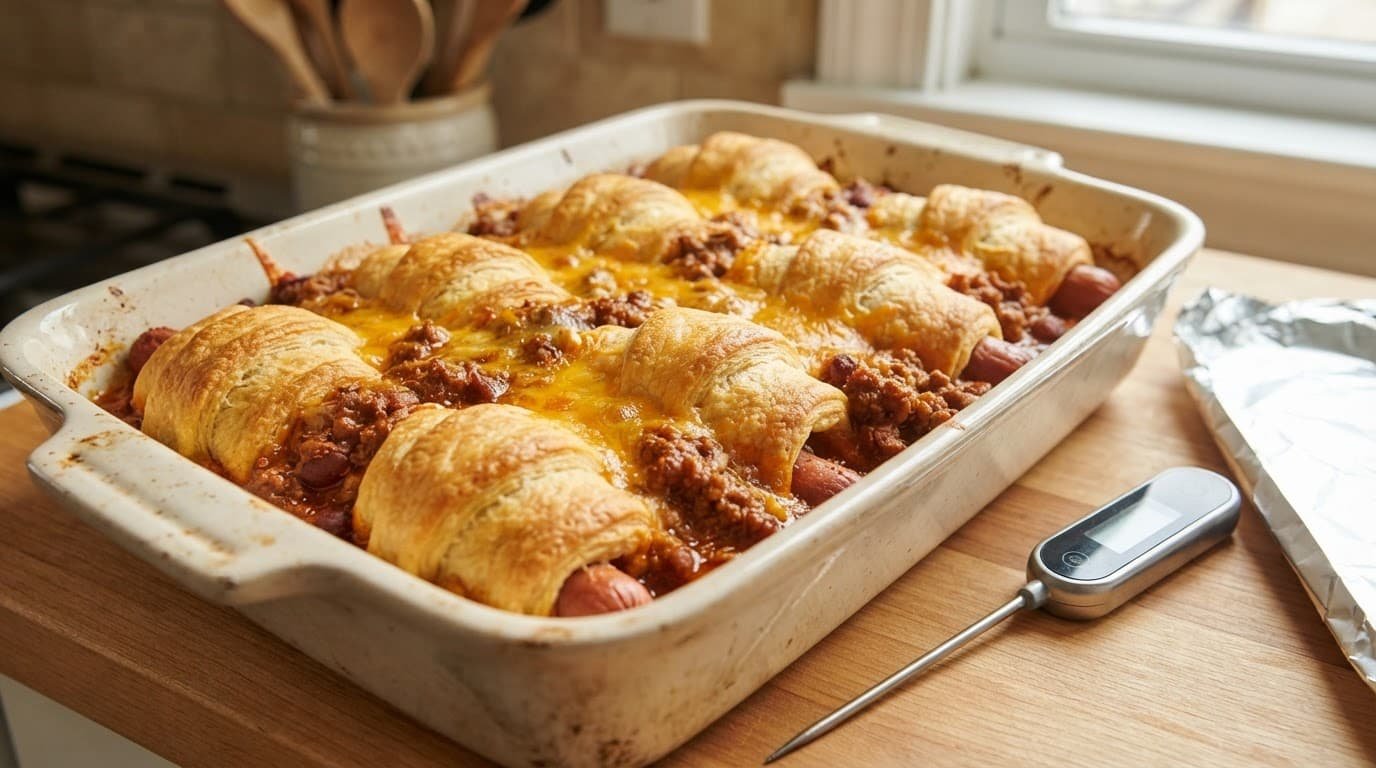 Golden crescent rolls surround bubbling chili in a baking dish beside foil and a food thermometer.