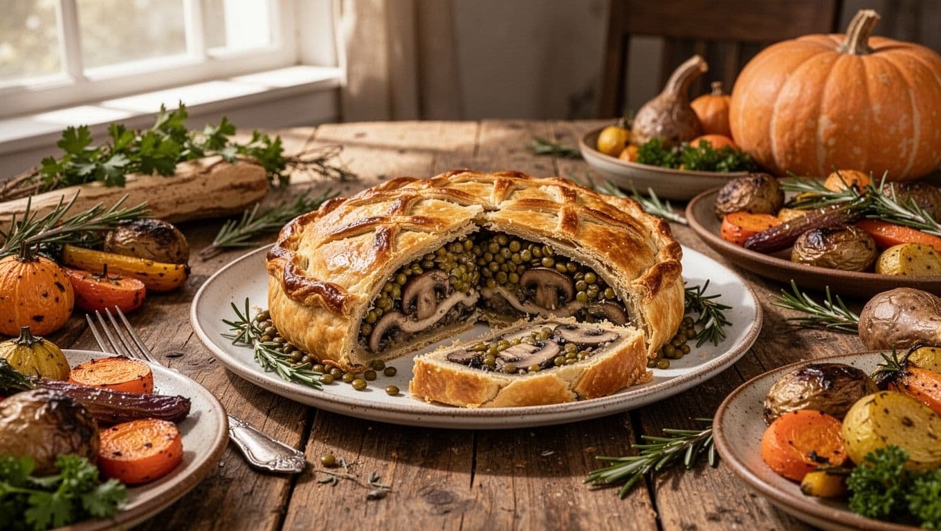 Sliced lentil and mushroom Wellington surrounded by roasted vegetables and herbs.