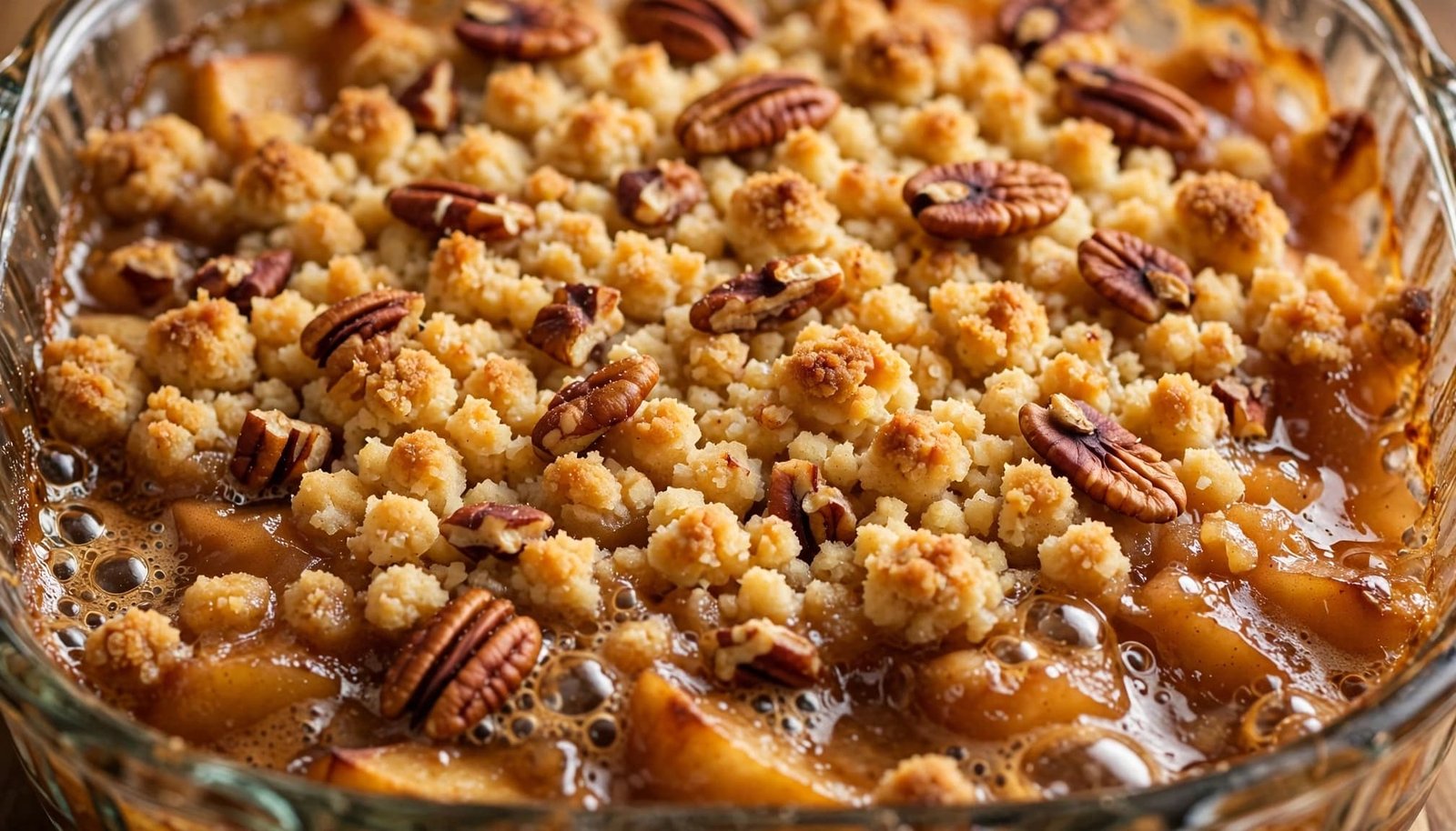 Golden crumble and pecans cover bubbling baked apples in a glass casserole dish.