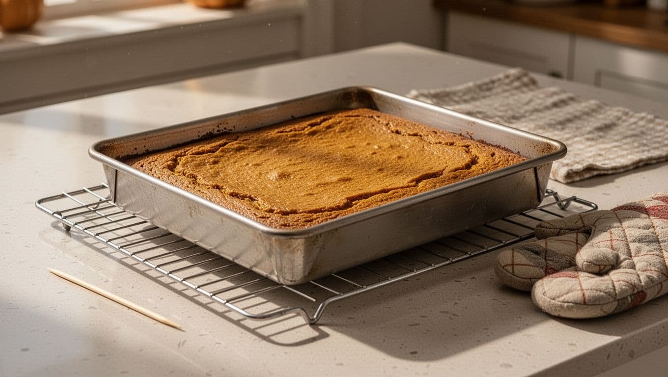 Golden pumpkin bars cool in a metal pan on a wire rack beside an oven mitt.