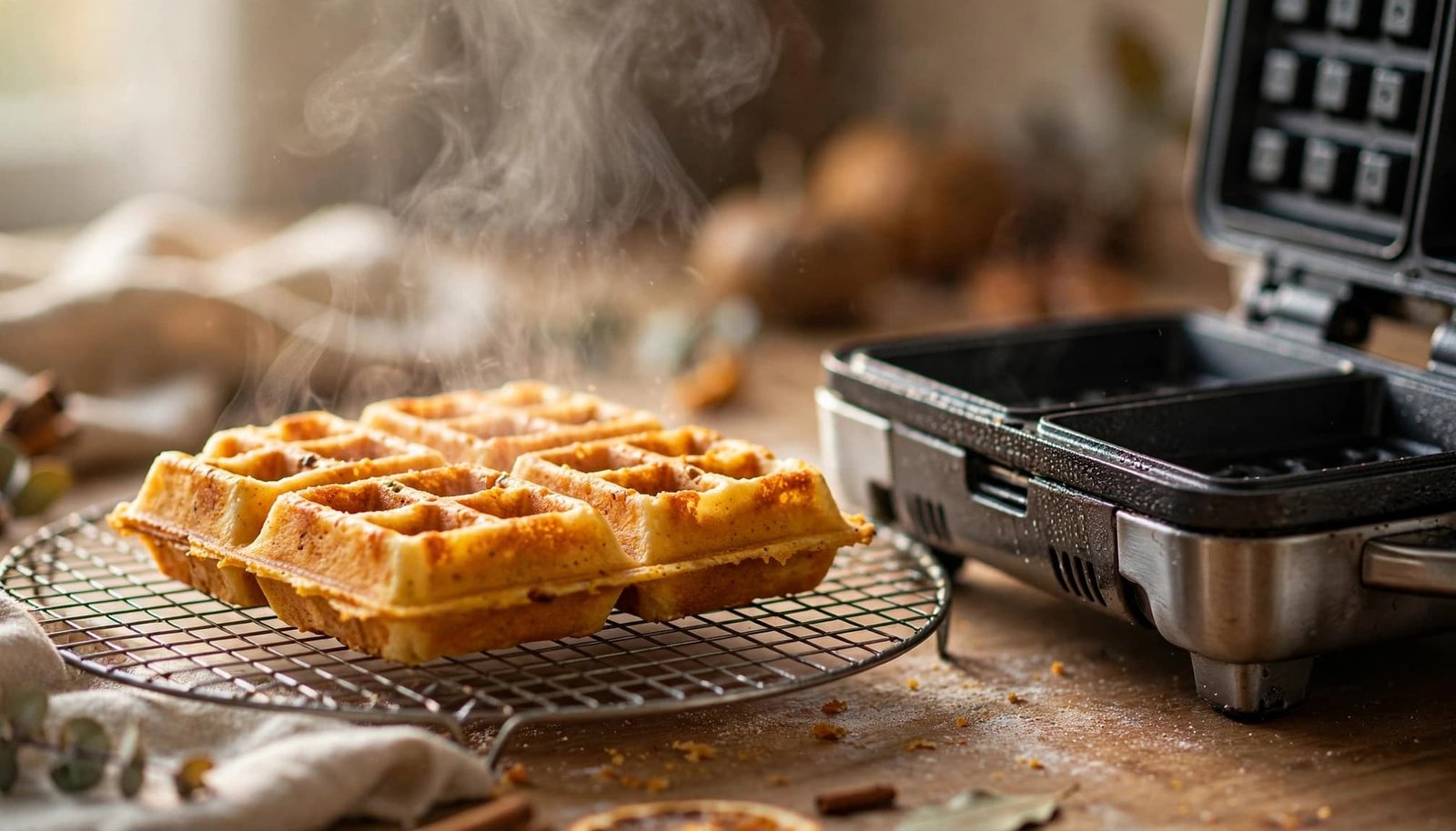 A golden pumpkin waffle cools on a wire rack beside a waffle maker.