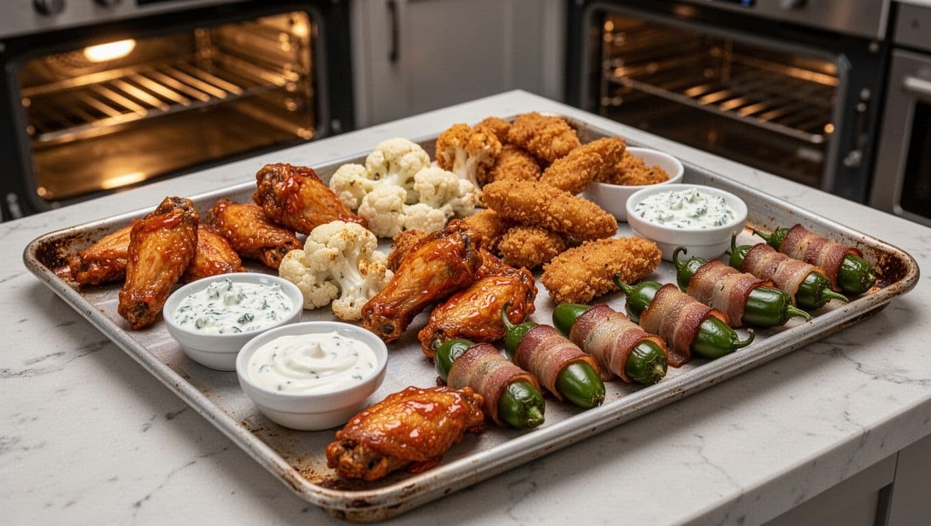 Golden wings, tenders, cauliflower bites, and jalapeño poppers sit beside ranch and blue cheese dip.