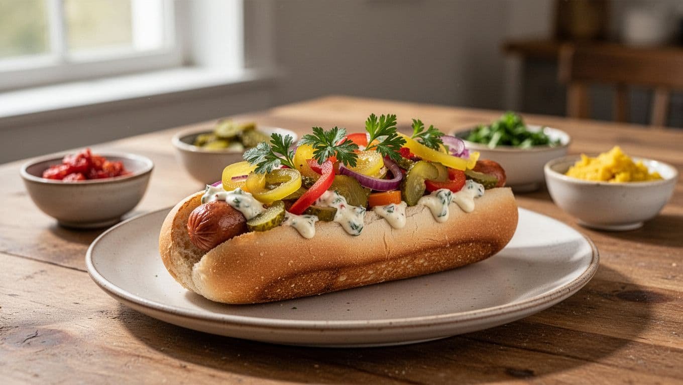 A gourmet hot dog with pickled vegetables, herbs, sauces, and ingredient bowls nearby.