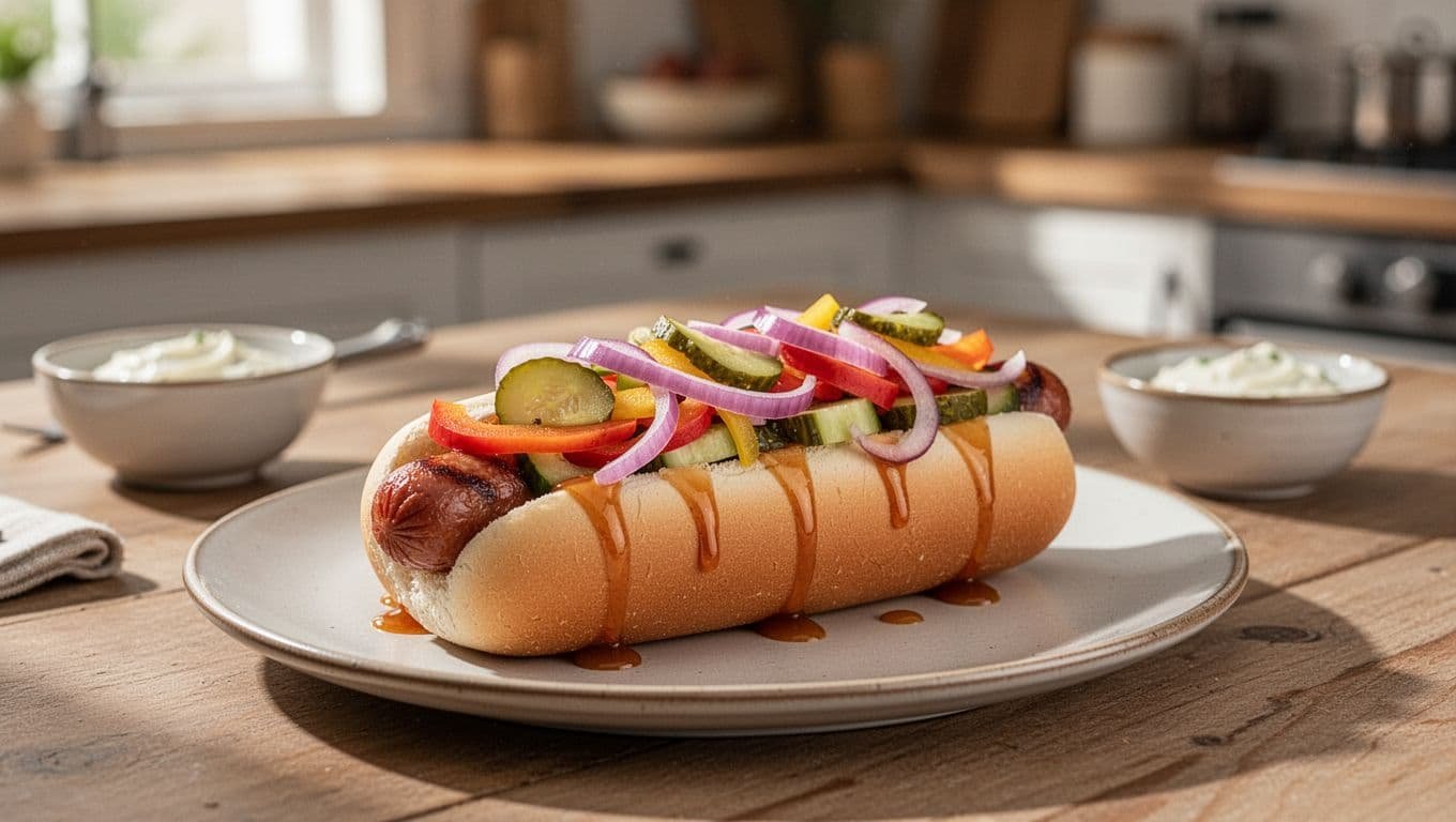 A gourmet hot dog with colorful toppings and side dishes on a home dining table.