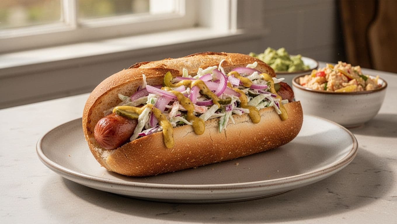 Gourmet hot dog with slaw, pickled onions, mustard, and topping bowls.
