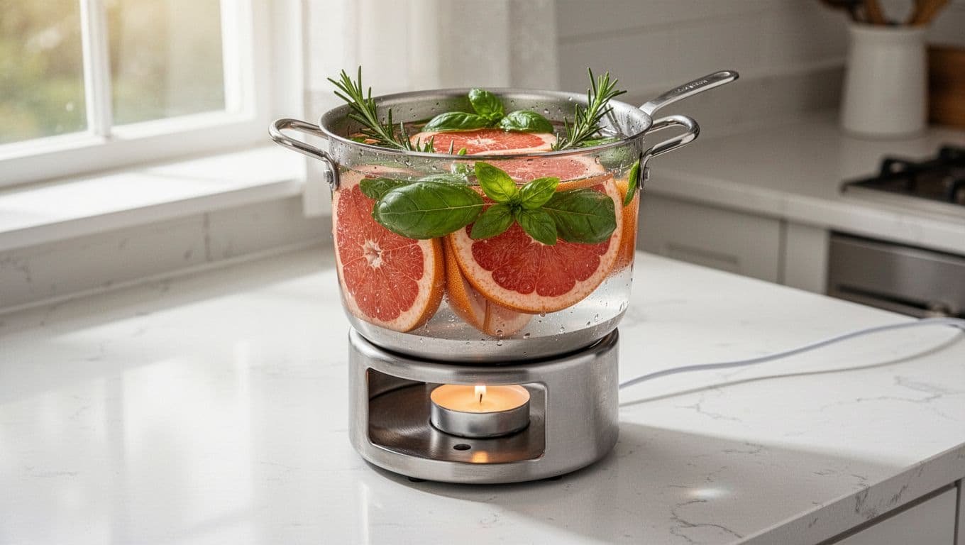 A metal vessel with grapefruit, rosemary, and basil rests on a candle warmer.