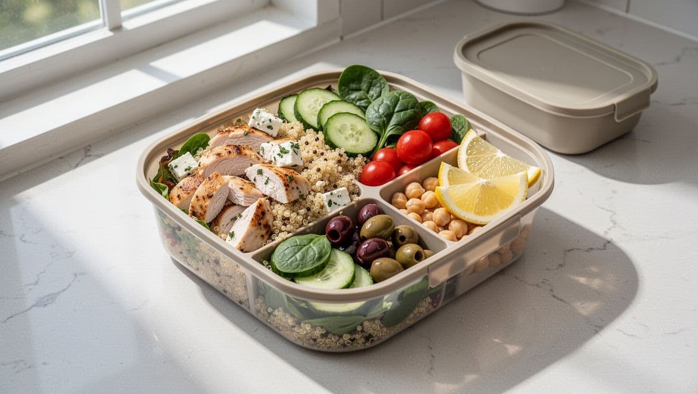 Greek chicken and quinoa salad with vegetables in a divided lunch container.