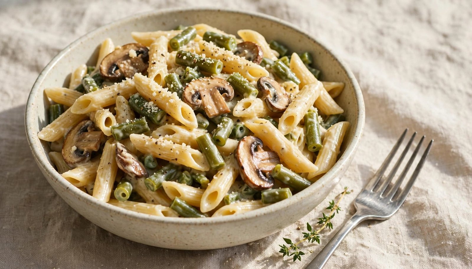 A bowl of creamy green bean and mushroom pasta with Parmesan, a fork, and herbs.