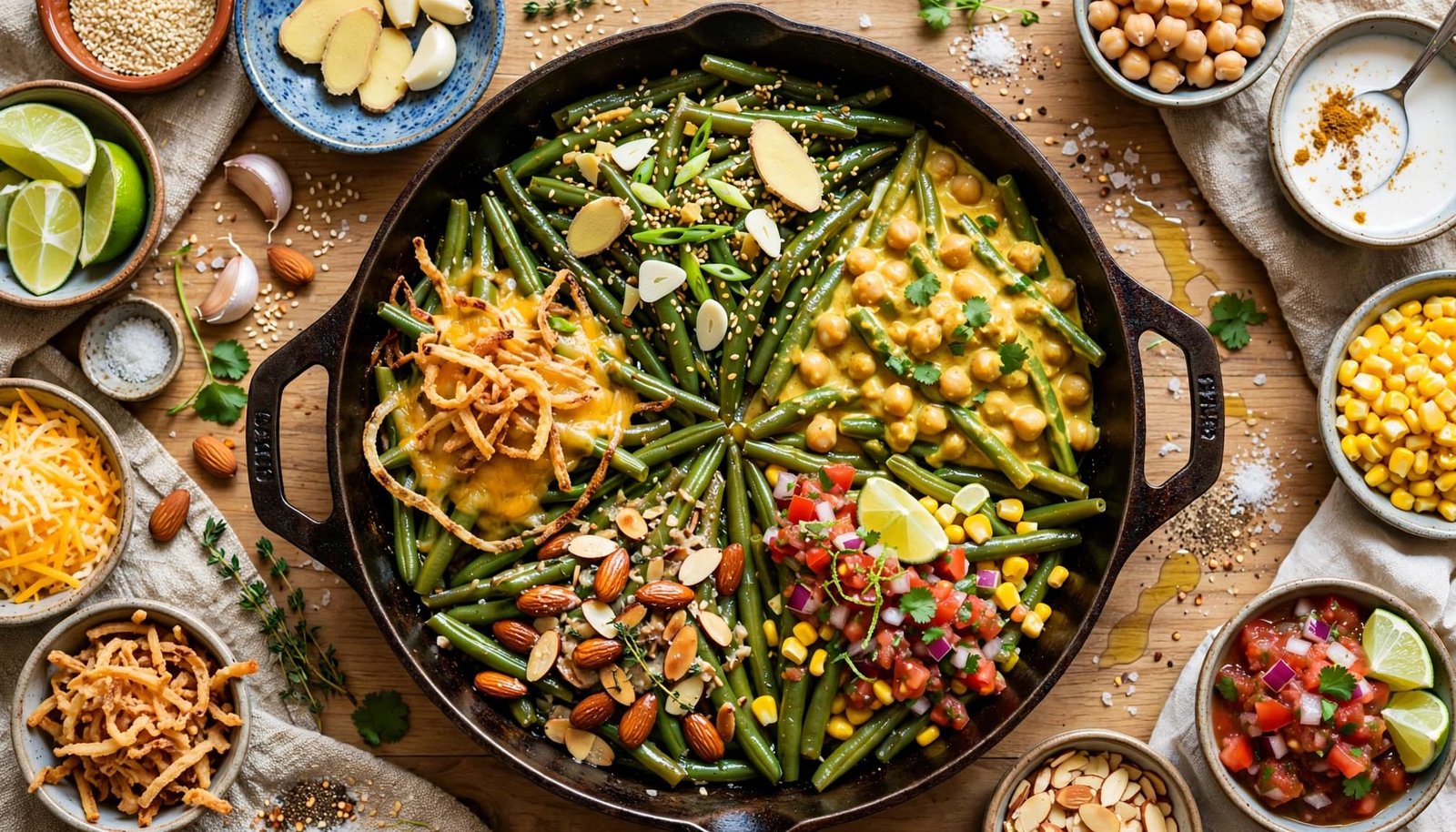 A skillet of green beans surrounded by bowls of colorful toppings.