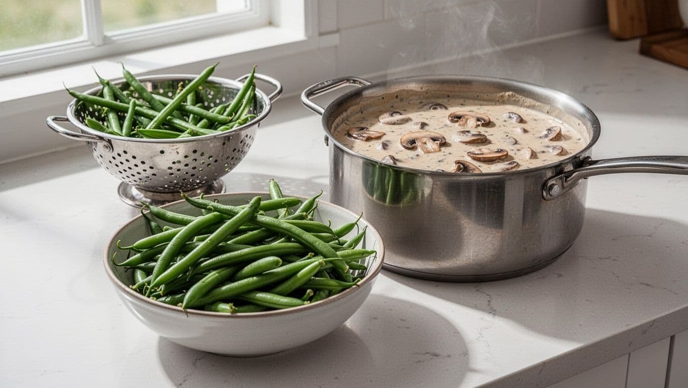 Green beans beside a saucepan of creamy mushroom sauce, with drained beans in a colander behind.