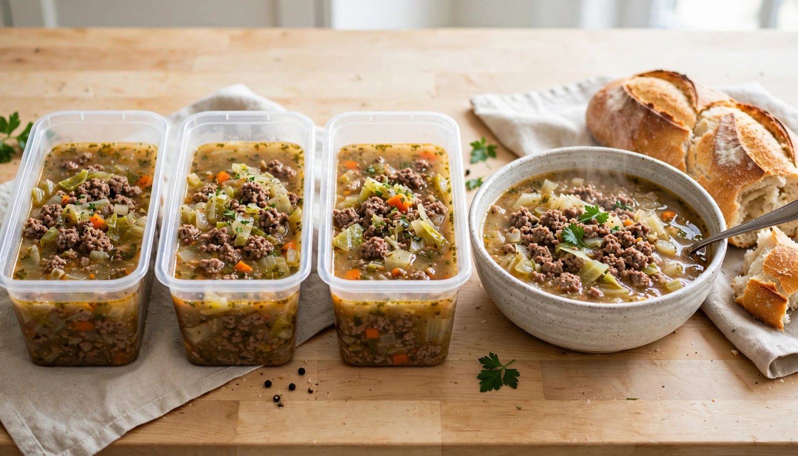 Three soup containers and a serving bowl sit beside crusty bread on a kitchen counter.