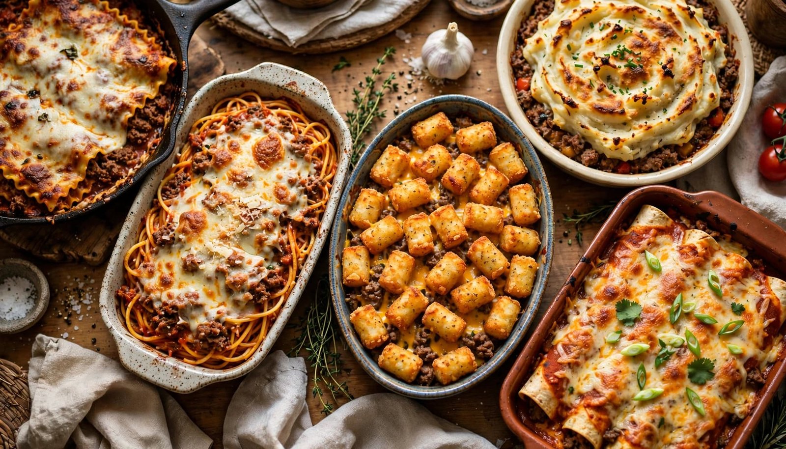 Five hearty ground beef casseroles and pasta bakes arranged on a rustic dinner table.