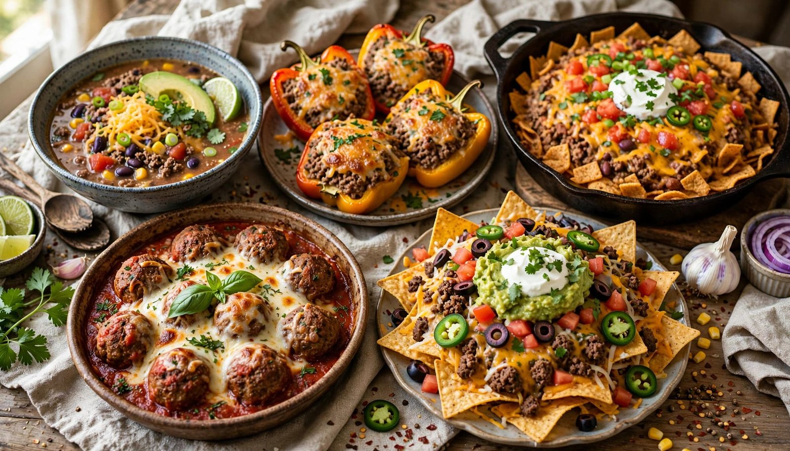 A table filled with taco soup, stuffed peppers, meatballs, nachos, and Frito pie.