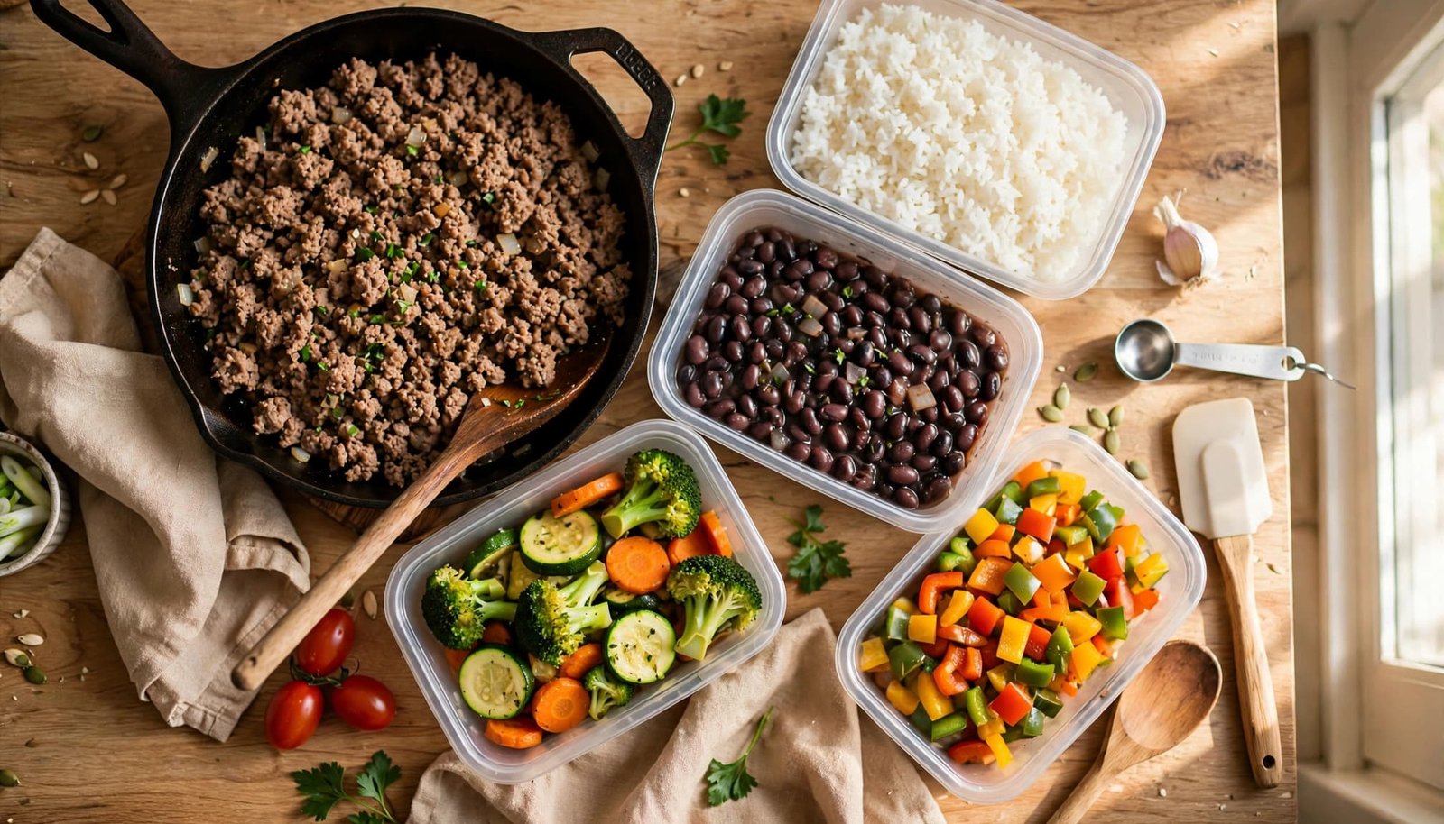 Cooked ground beef beside containers of rice, beans, and vegetables on a kitchen counter.