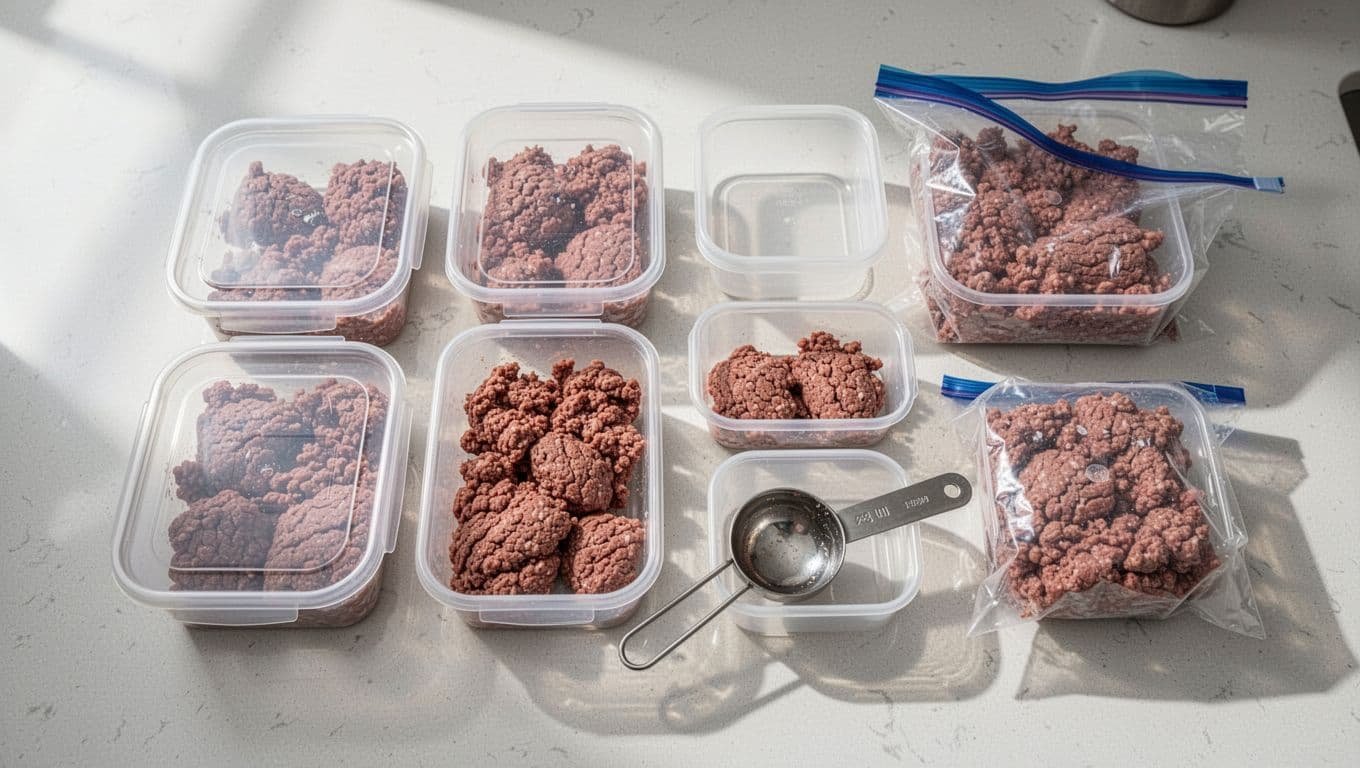 Portioned browned ground beef sits in freezer containers with a scoop and bag on a kitchen counter.