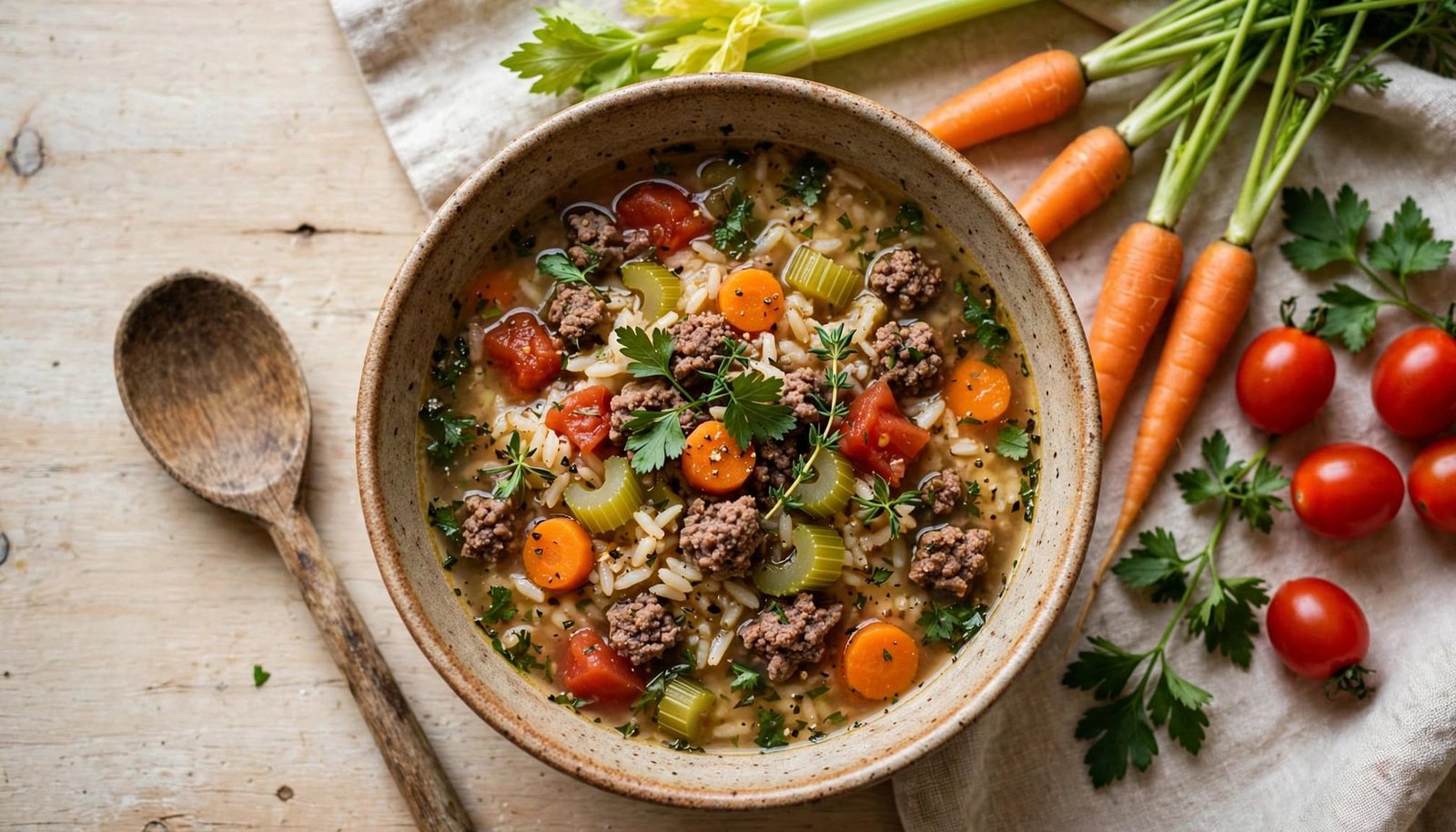 A bowl of beef and rice soup with vegetables beside a wooden spoon.