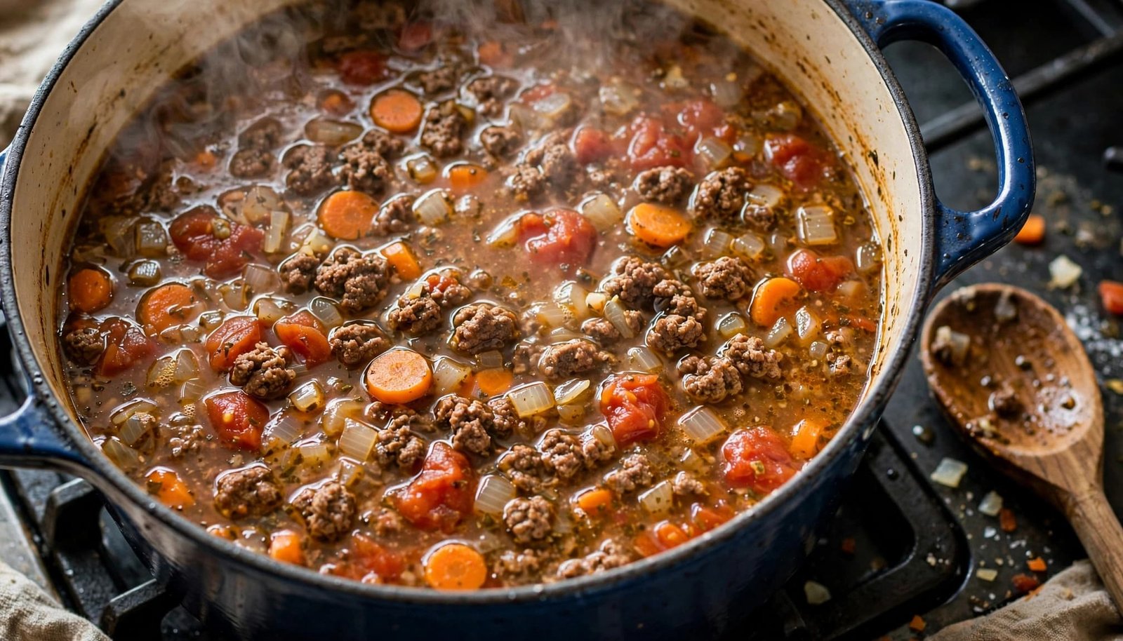 Dutch oven simmering ground beef, vegetables, tomatoes, and broth with a wooden spoon nearby.