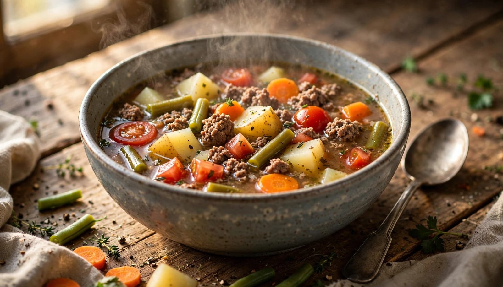 A steaming bowl of beef and vegetable soup with a spoon on a rustic table.